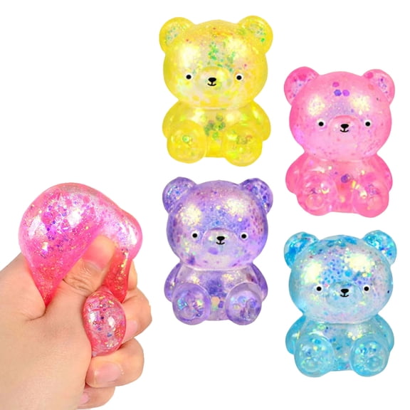 Dwellin 1Pcs Mini Bear Stress Toys Glitter Sensory Squeeze Fidget Toys Bulk Birthday Gifts Easter Egg Fillers for Desk Accessories Party Favors(Yellow)
