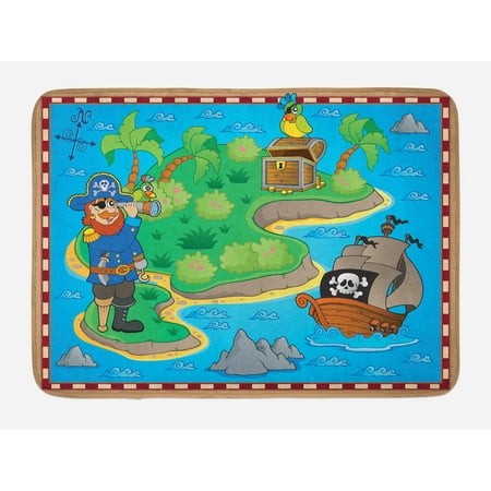 Olive Kids Pirates Treasure Map - Island Map Bath Mat, Funny Cartoon of Treasure Island with A Pirate Ship and Parrot Kids Play Room, Non-Slip Plush Mat Bathroom Kitchen Laundry Room Decor, 29.5 X 17.5 Inches, Multicolor, Ambesonne