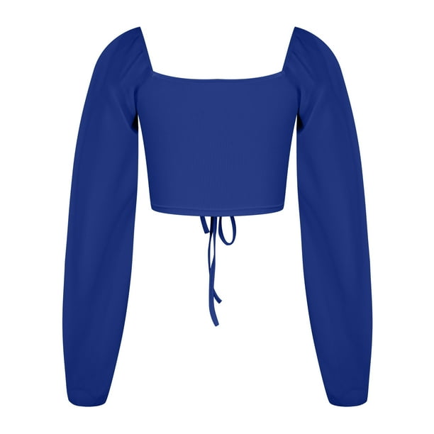 Crop Tops for Women Mesh Long Sleeve Ruched Drawstring Shirts Tops