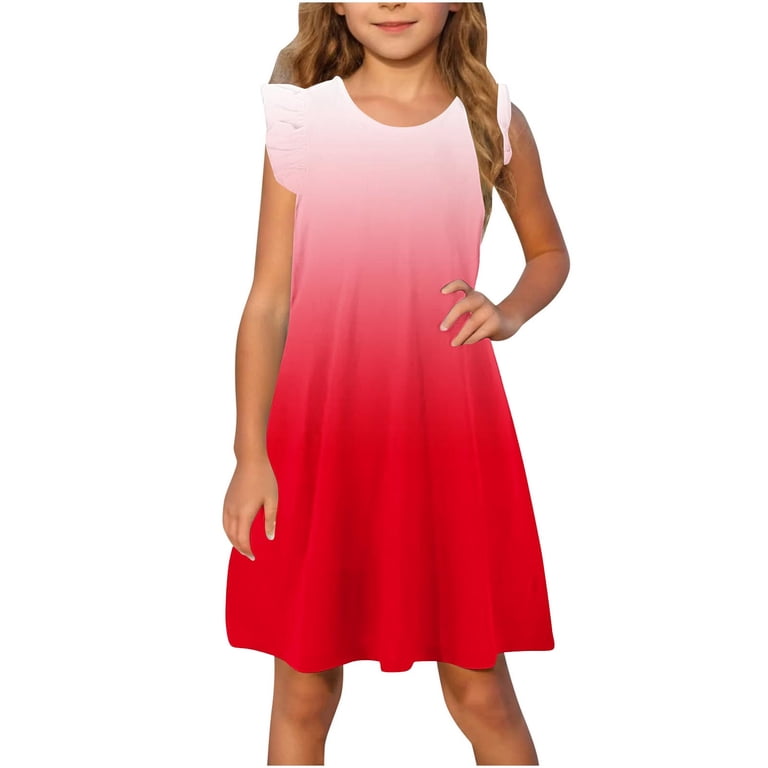 Juniors Girls Dresses Cute Ruffle Sleeveless Crewneck Sundresses Teens Kids  Gradient Printed Pullover Beach Midi Dress Size 4-14 - Walmart.com