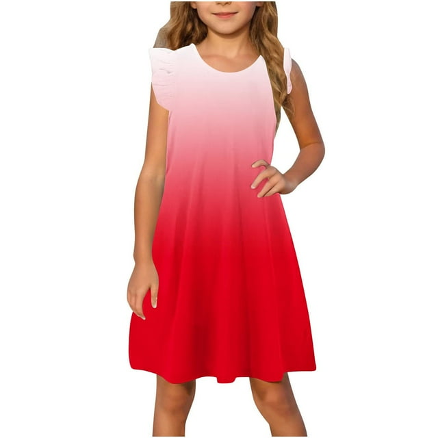 Huvoen Robe de Printemps pour Tout-Petits Nouvelle Robe d'Été à Manches à Volants Robe d'Été pour Enfants Coton Doux Robe d'Été pour Filles Rouge 9 Ans