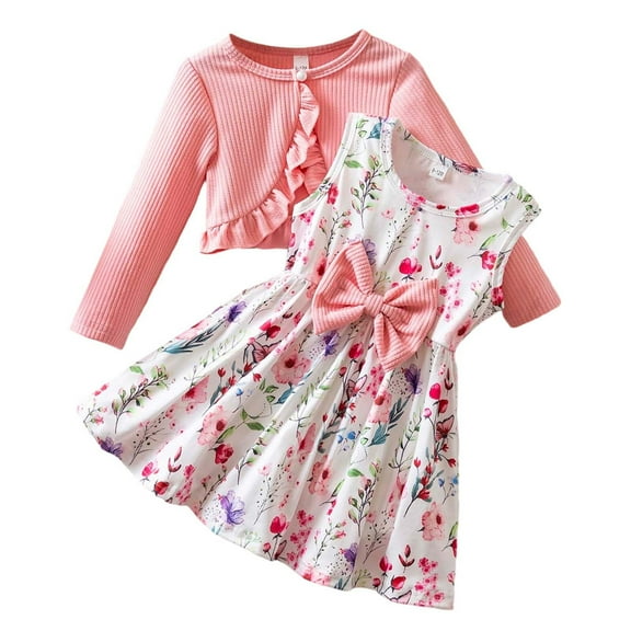 Gaexia Girls Long Sleeve Outfits Floral Print Dress Delicate Bow Detail Winter Party Play Outfit 2 Piece,Pink,12-18 Months