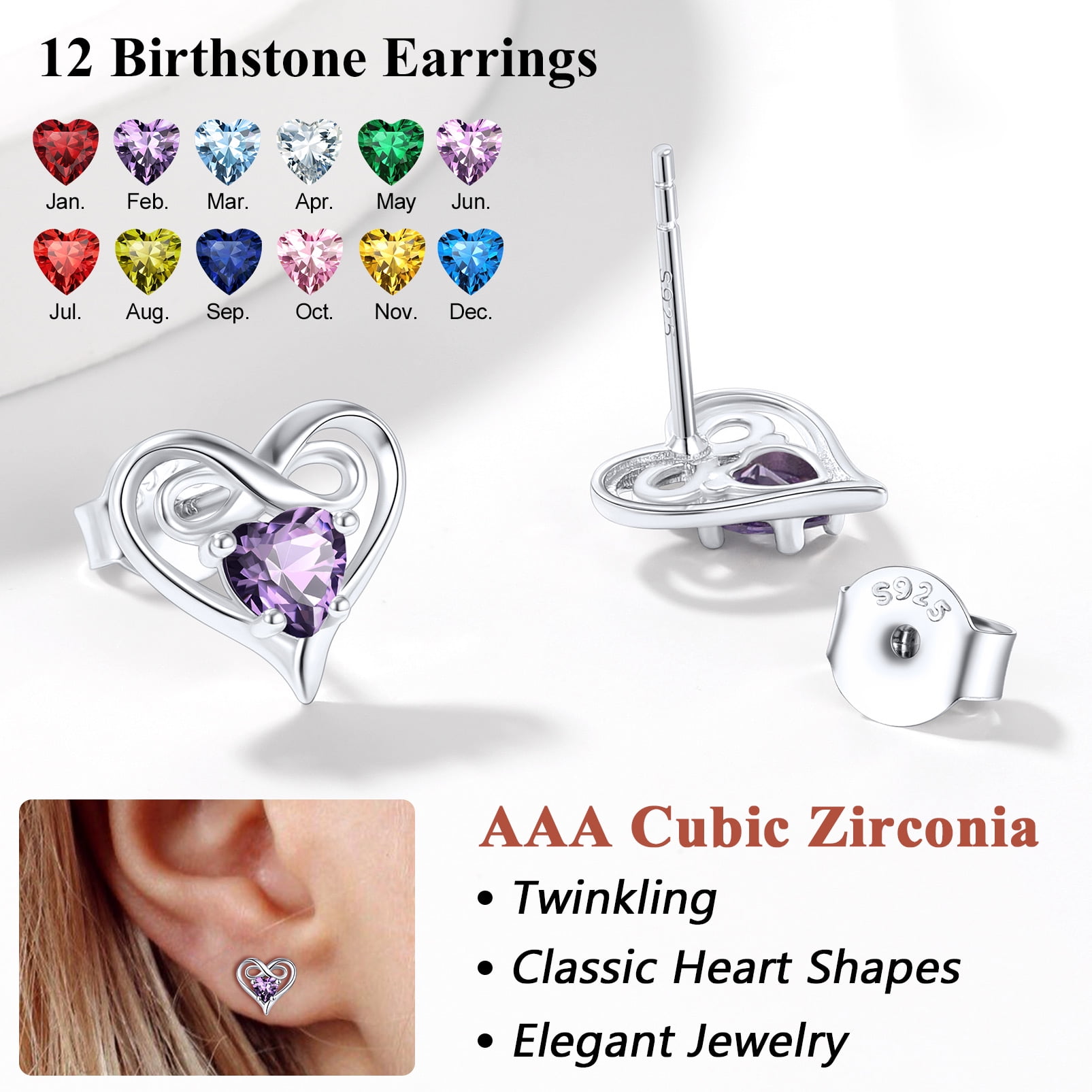 Silvora Dainty Birthstone Earrings for Women Sterling Silver Inifinity Heart Stud Earring Birthday Christmas Valentines Jewelry Gift, Green Emerald