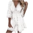 thumbnail image 2 of Robes pour Femmes 2024 Été Oversize Col en V Manches 3/4 Dentelle Patchwork Mini Robe à Fermeture Éclair 50 % de Réduction Liquidation!, 2 of 7
