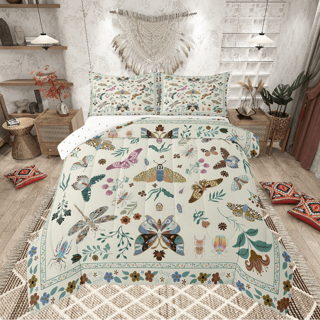 Erosebridal Ensemble de Couette Simple Papillon Libellule, Couette Duvet Bohémienne Boho, Décor Botanique, Réversible, Léger, 2 Pcs