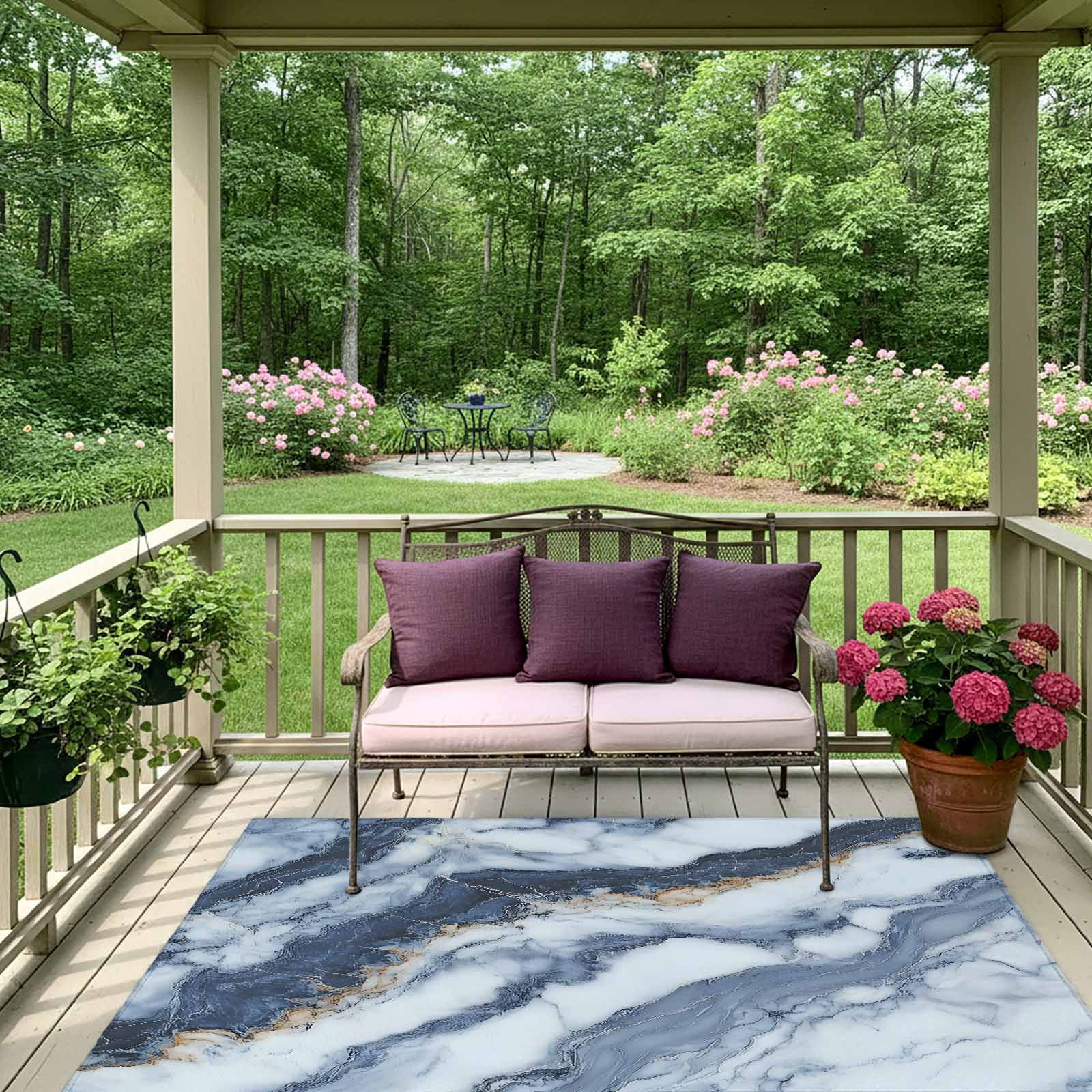 Outdoor Rug 5x8ft Ombre Blue White Marble Texture Large Area Rug Modern Art Indoor Outdoor Carpet Outdoor Rugs Mats for Patio Camping,RV,Front Door, Outside Decor