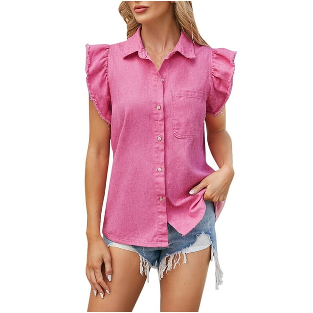 FAIWAD Womens Button Up Denim Shirt Sleeveless Ruffle Hem Basic Jean Shirt Casual Summer Denim Tops