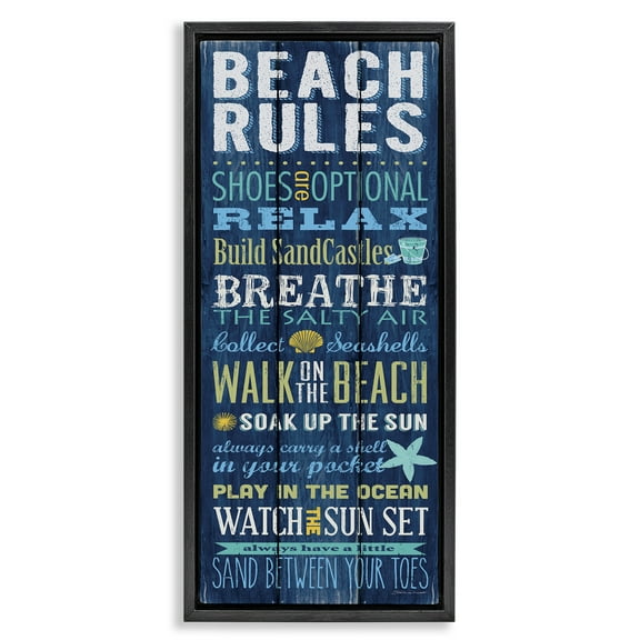 Stupell Industries Beach Rules Relax Breathe Typography Painting Black Floater Framed Canvas Art Print Wall Art, 11 x 25