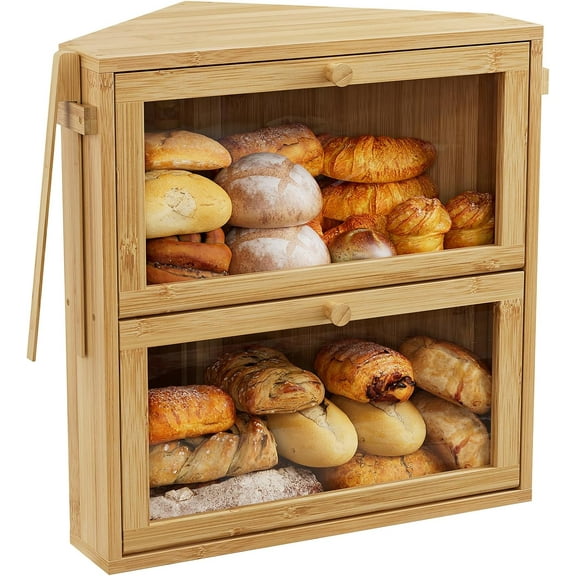 Corner Bread Box for Kitchen Countertop, Large Double Layer Bread Storage Container for Homemade Bread, Black Bread Holder for Kitchen Counter, Under Cabinet Organizer (Natural, Extra Large)