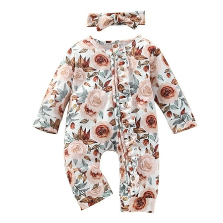 

WUXIAN Toddler Baby Girls Cotton Floral Autumn Long Sleeve Romper Jumpsuit Headbands Onesie Infants Children Relaxed Fit Dailywear