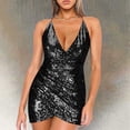 thumbnail image 1 of LSLJS Robe de Soirée Sexy pour Femmes Col Montant à Lacets Manches Longues à Sequins Dos Ouvert Jupe Courte, Robe d'Été Plage, 1 of 6