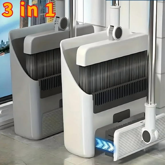 Miserwe 3-in-1 broom and dustpan combination set, self-cleaning double-layer teeth broom, dust collection tray, handheld broom, suitable for home cleaning, bathroom and kitchen