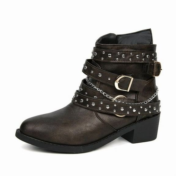 YLYL Women's Ankle Chunky Heel Studded Strap Side Zipper Goth Punk Motorcycle Fashion Winter Booties
