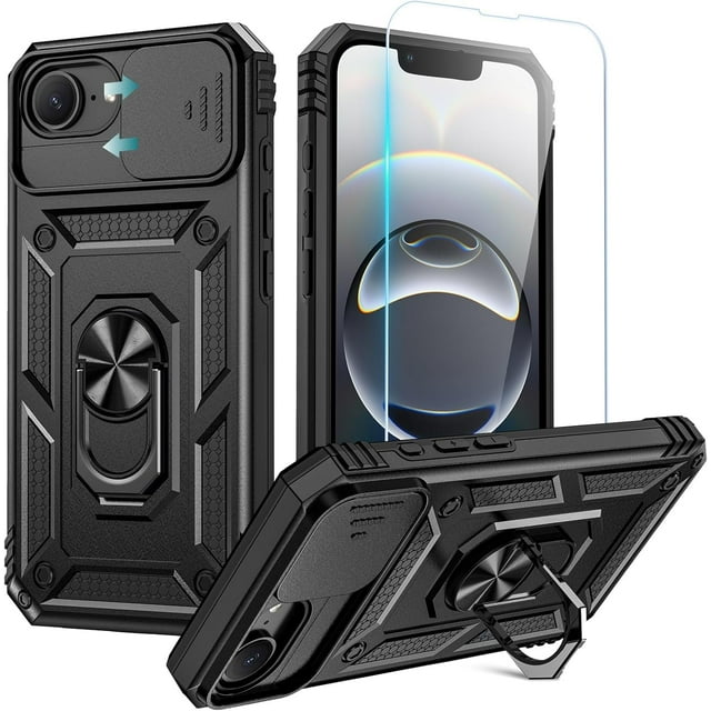 KOMI Compatible for iPhone 16e Case with Screen Protector - Slide Camera Cover Protective Phone Case with Ring Stand, Heavy Duty Shockproof Rugged Bumper for iPhone 16e Accessories