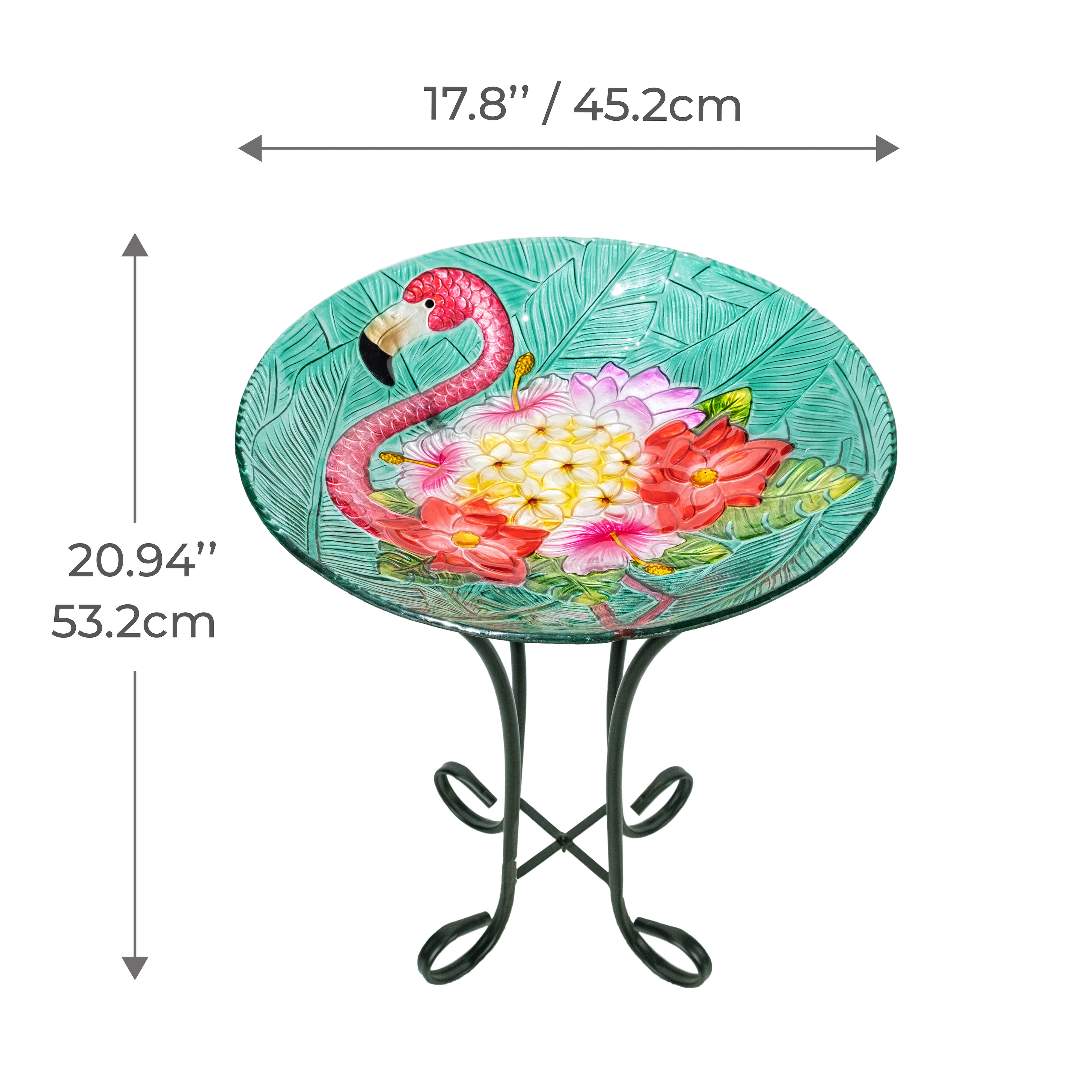 Teamson Home 17.8" Fusion Glass Flamingo Design Birdbath with Metal Stand, Multi