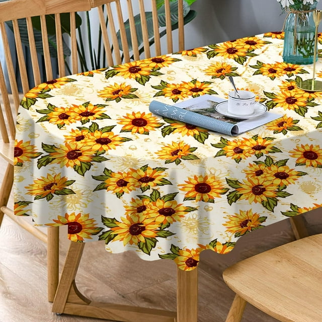 Nappe Ovale en Polyester 60 x 102 Pouces Imperméable Réutilisable Lavable Résistante Durable - Housse de Table Florale Rustique Campagnarde Française Tournesol pour Décoration de Printemps/été/automne