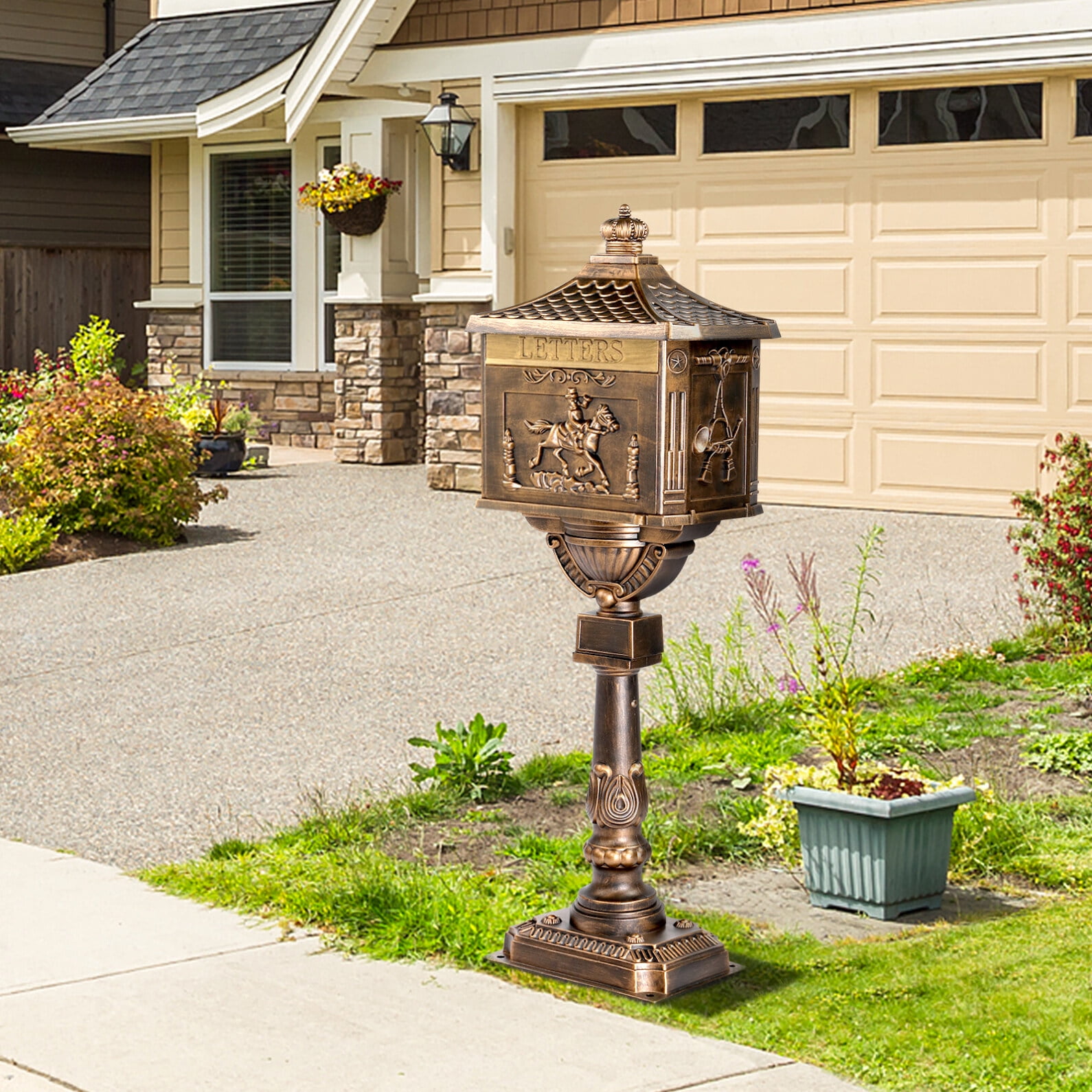 Cast Aluminum Mailbox with Post, Heavy Duty Postal Box with 2 Keys, Baffle Door, Address Panel, Stable Base, In-Ground Large Security Mailbox for Outside (Antique Bronze)