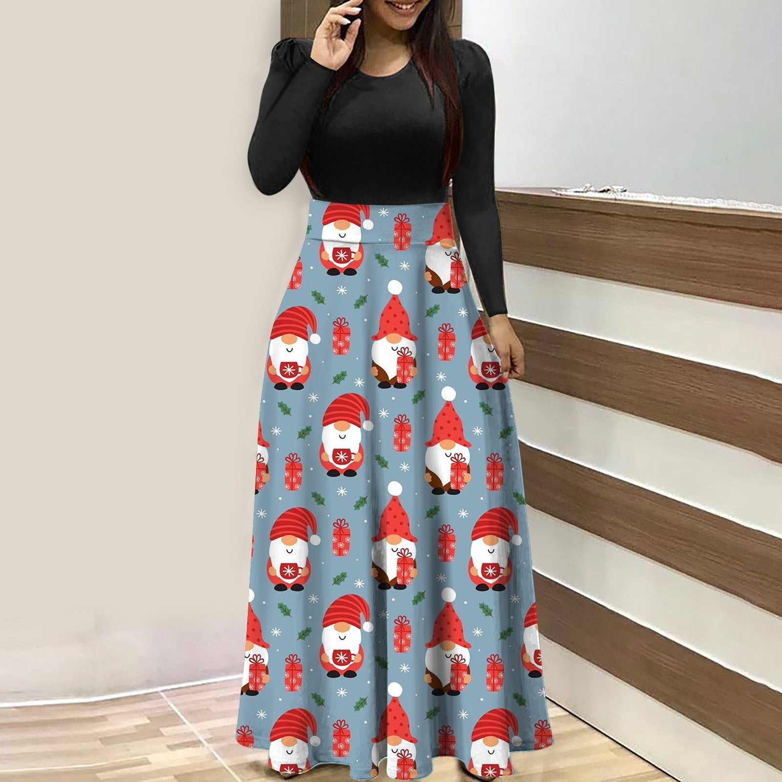 2022 Christmas Party Fashions EGNMCR Christmas Dresses for Women 2022 Christmas Snowflake Print Long