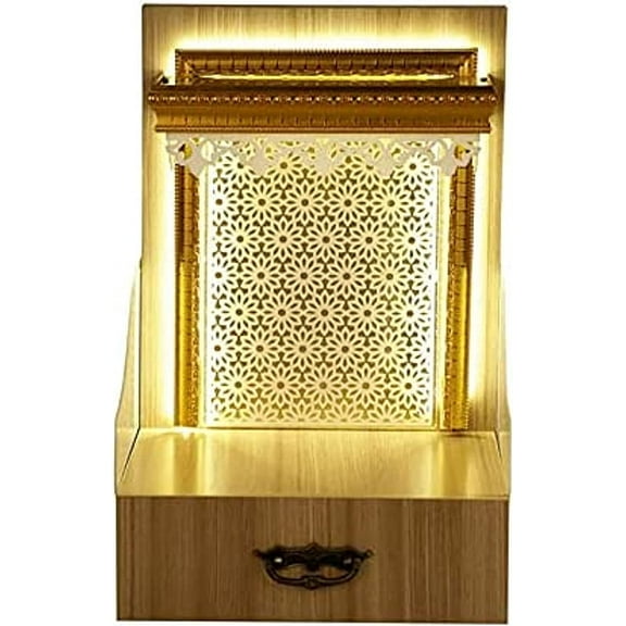 PSQURMART Wooden Temple with LED Light for Home and Office Home Temple P uja Mandir Wall Hanging & Table Top Home Mandir Size (24X12X16 HXLXW ) Inches., Brown