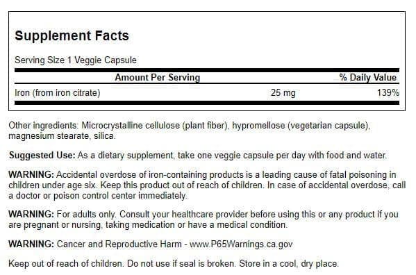 Swanson Iron Citrate 25 Milligrams 60 Veg Capsules (2 Pack)