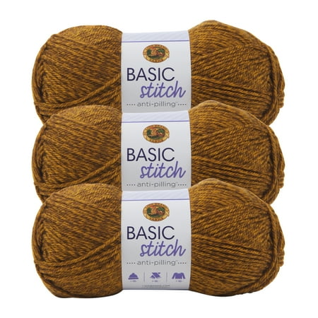 UPC: 0842093118060 | Lion Brand Yarn Basic Stitch Anti Pilling Gold Heather Anti Pilling Medium Acrylic Brown Yarn 3 Pack