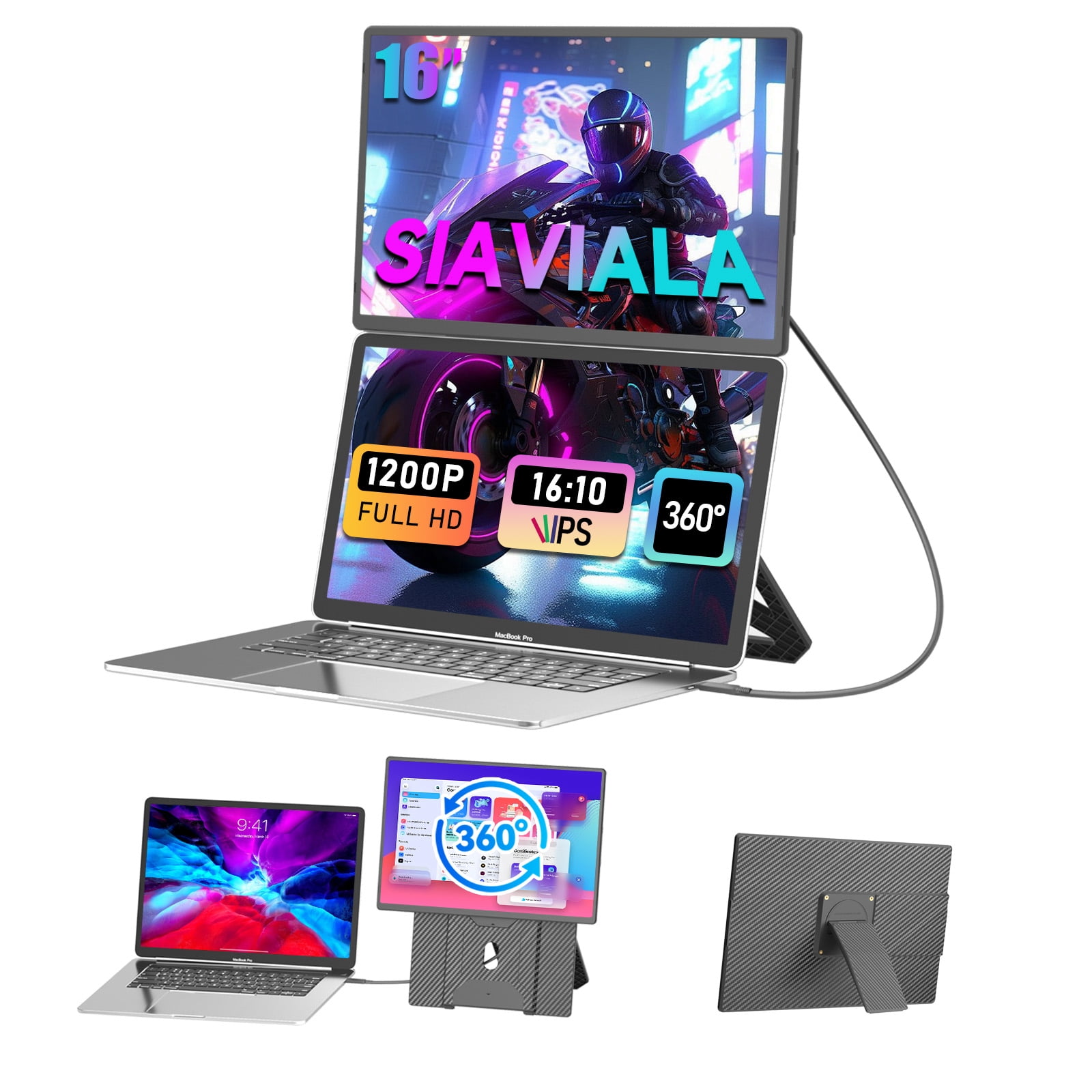 Laptop Screen Extender, 16 Inch FHD 1200P Portable Monitor, Up and Down Adjustable and 360° Rotatable Removable Stand, Travel Monitor for Laptop, Portable Screen for Windows / PC / Mac