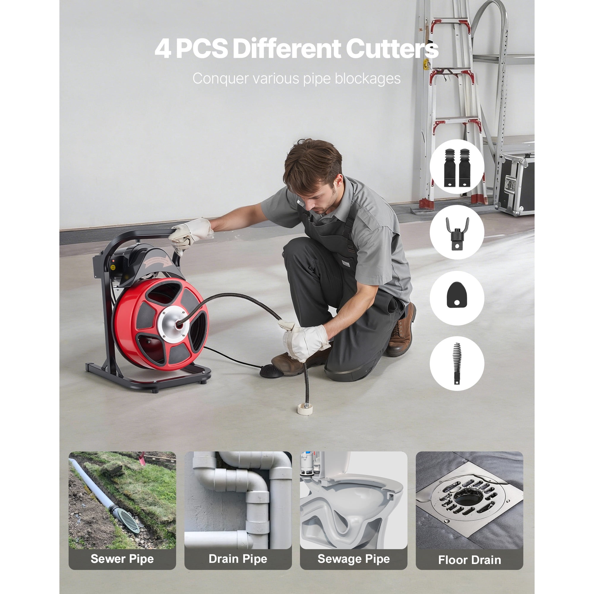 KFFKFF Drain Cleaning Machine 50 FT x 1/2 Inch, Manual Feed Sewer Snake with 4 Cutting Tools & Foot-Activated Switch for 2" to 6" Pipes