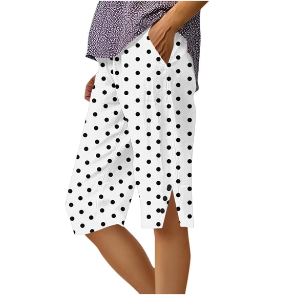 fatyb Womens Long Shorts Elastic Waist Straight Leg Shorts Side Split Knee Length Casual Shorts with Pockets