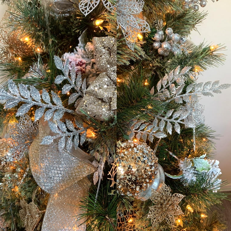 AXYLEX Christmas Ornaments Picks Sprays - Glitter Artificial Pine Stems, Twig Faux Christmas Floral Branches for Christmas Tree Wreath Wedding
