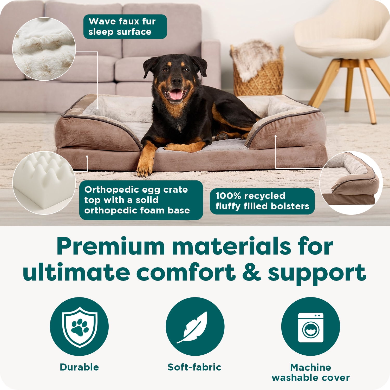 FurHaven Orthopedic Dog Bed for Large Dogs, Perfect Comfort Sofa, Egg Crate with a Solid Orthopedic Foam Base for Joint Support, Washable Cover, Large, Plush & Velvet Waves, Brownstone