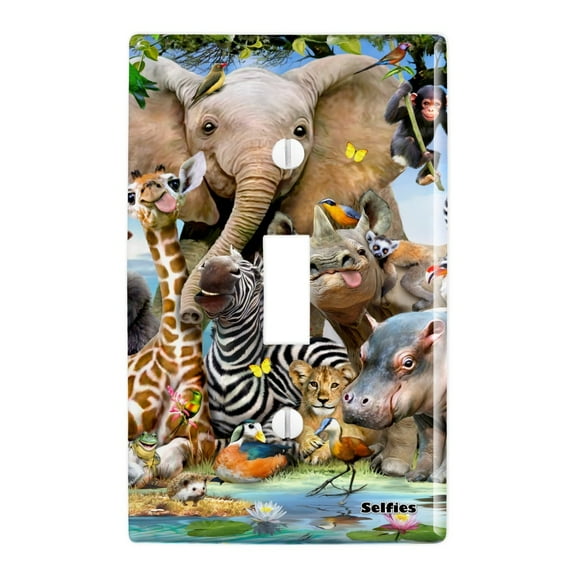 Africa Animals Smile Selfie Elephant Giraffe Zebra Hippo Rhino Plastic Wall Decor Toggle Light Switch Plate Cover