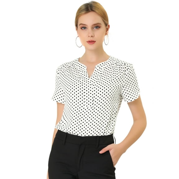 DARING DIVA V Neck Dots Printed Work Office Blouse Top XS White