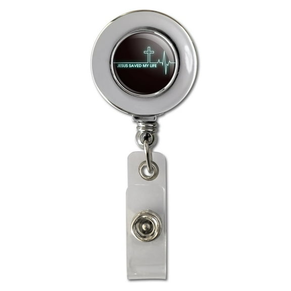 Jesus Saved My Life EKG Heart Rate Pulse Religious Christian Retractable Reel Chrome Badge ID Card Holder Clip
