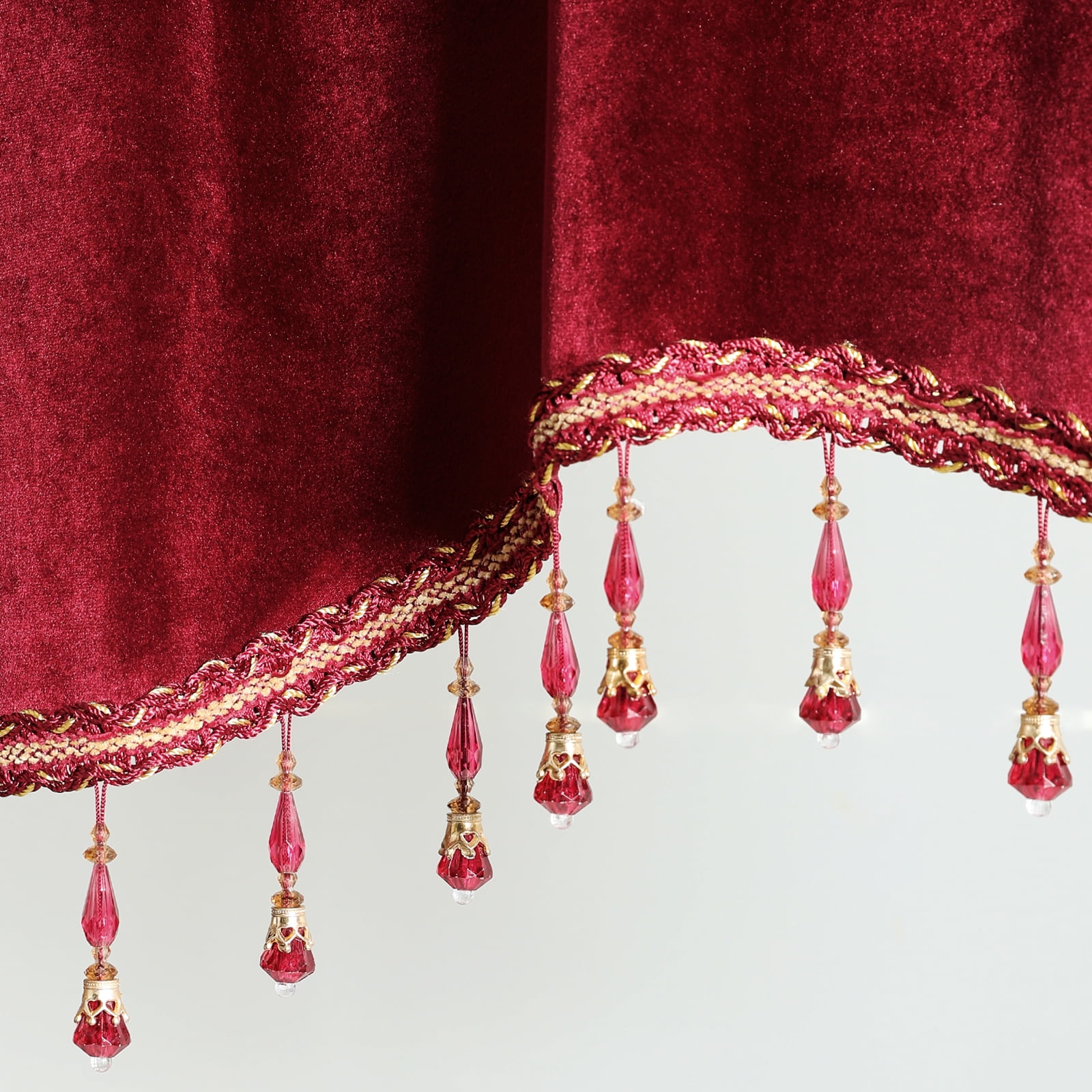 VOGOL Burgundy Velvet Scalloped Window Valance with Beaded Trim, Classic Decorative Curtain Topper for Living Room Bedroom