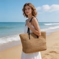 thumbnail image 2 of Linnome Large Hollow Woven Straw Tote Bag Wide Leather Shoulder Straps Summer Beach Vacation Shoulder Handbag for Daily Shopping Travel Outdoor Small Item Storage, 2 of 6