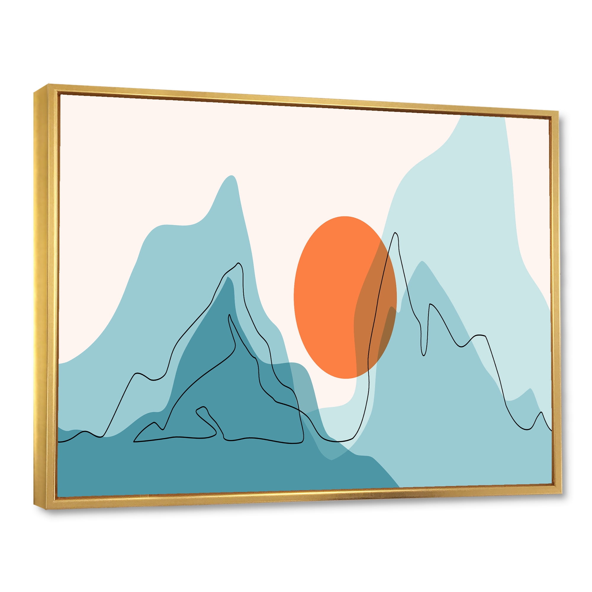 Designart 'Abstract Blue Mountains With Red Moon I' Modern Framed Canvas Wall Art Print