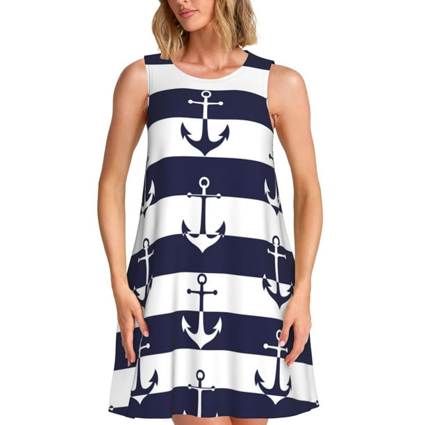 Fotbe Anchors Vestido de Verano sin Mangas para Mujer – Vestido Midi Línea A, Estilo Camiseta Floral, Vestido Playero Casual y Fluido