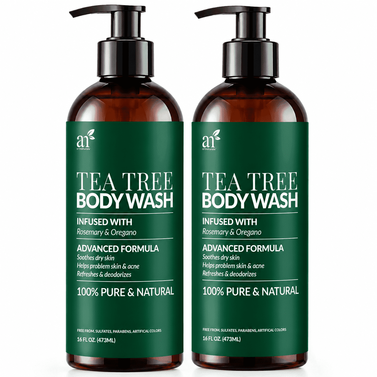 Artnaturals Tea Tree Body Wash for Dry Itchy Skin, Antibacterial Body Wash with Tea Tree Oil, Sulfate & Paraben Free, 16 fl oz, Pack of 2