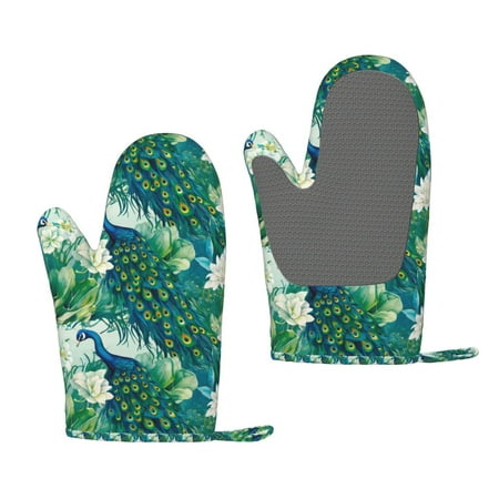 

Zeuib Peacock And Flowers Print Oven Mitts Oven Gloves with Non-Slip Silicone Heat and Slip Resistant Cooking Mitt Set for Cooking and Baking (2 Count)