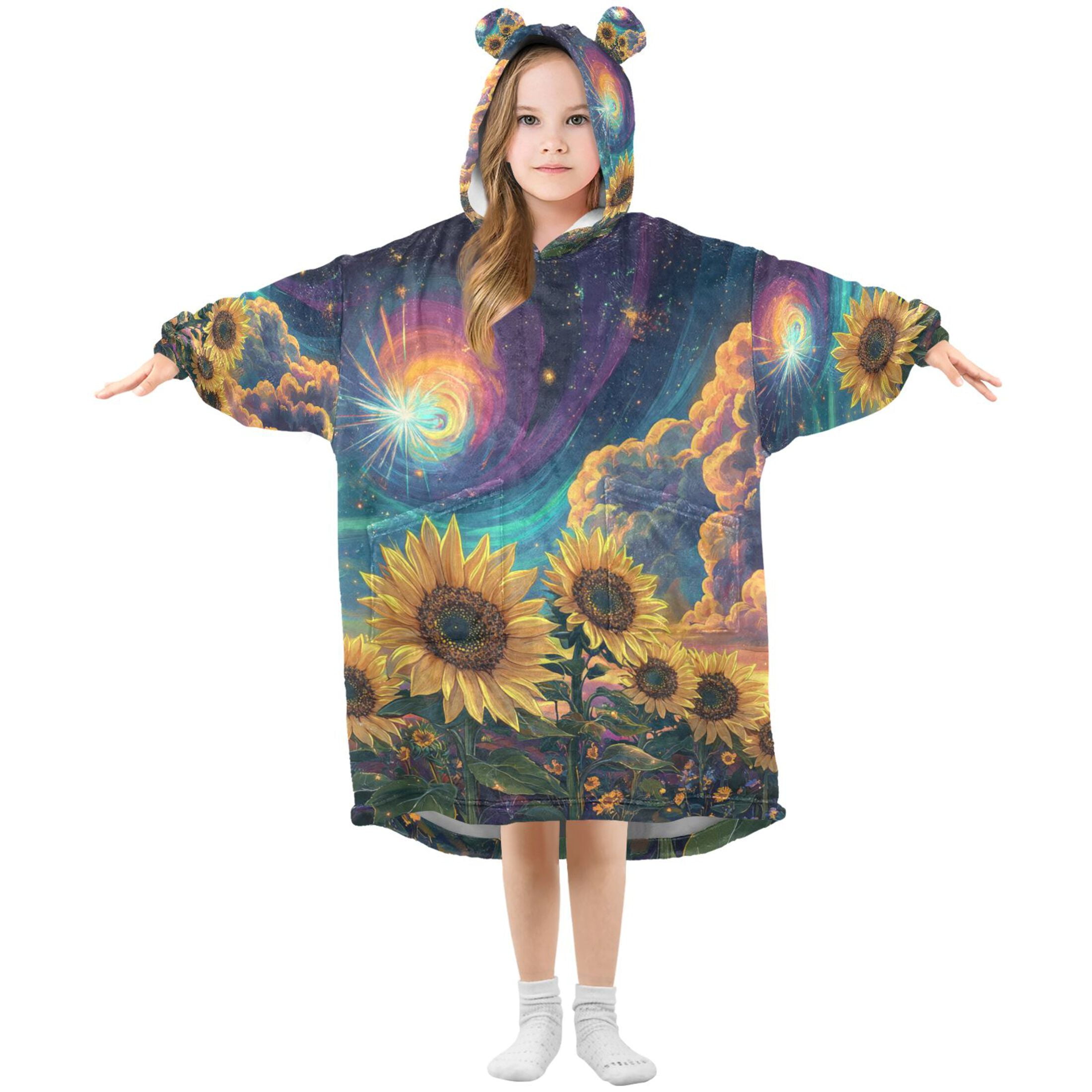 YAZAOO Kids Wearable Blanket Hoodie Warm and Cozy Galactic Sunflower Symphony Flannel Sweatshirt