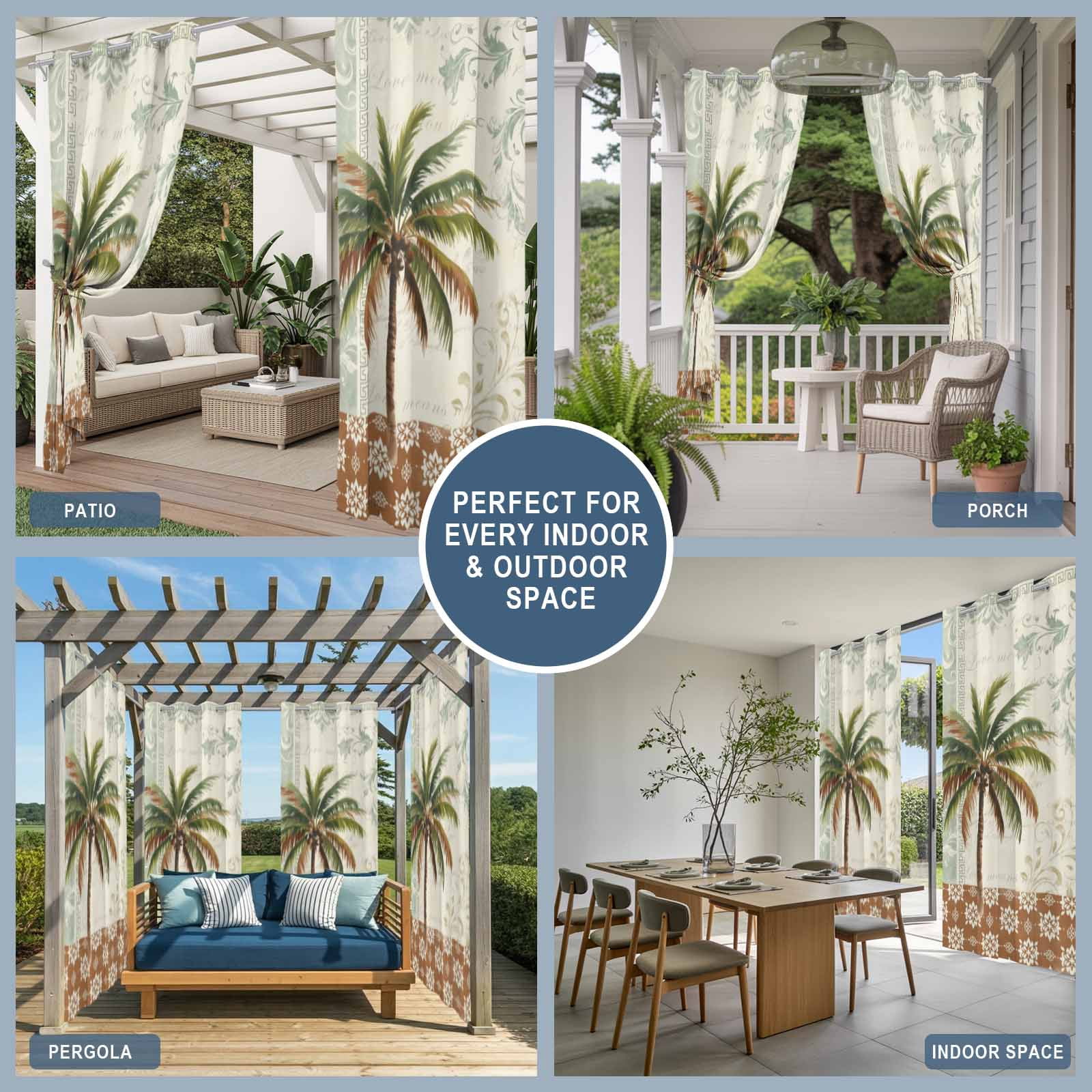 Palm Tree Outdoor Curtains for Patio, Summer Island Plant Brown Boho Floral Sunshade Privacy Drapes Grommet Waterproof Outside Curtains for Porch/Cabana/Balcony 54"x 108", 1 Panel
