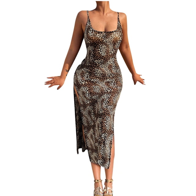 Vestido de Verano para las Mujeres, Vestido Largo Delgado Cuello Redondo sin Mangas de Impresión de Leopardo Sexy Hecho de Poliéster Ligero, Vestido Sexy para las Mujeres