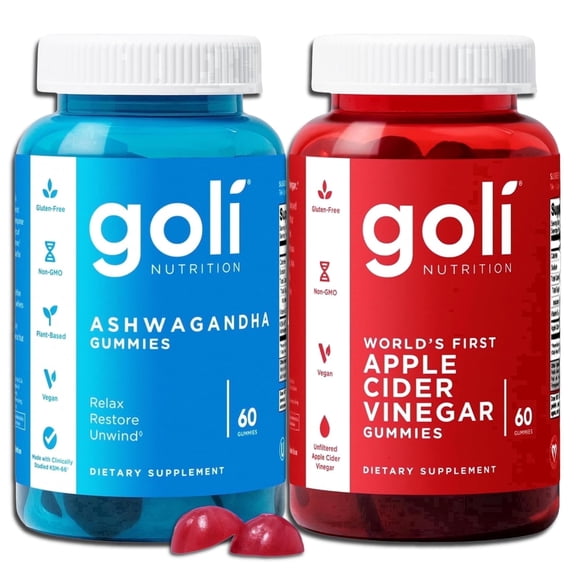 Goli Power Wellness Duo 2 pack - Apple Cider Vinegar & Ashwagandha, Vitamin B12 & D, Vegan Non-GMO Gluten Free Adult Gummies, 120 gummies total