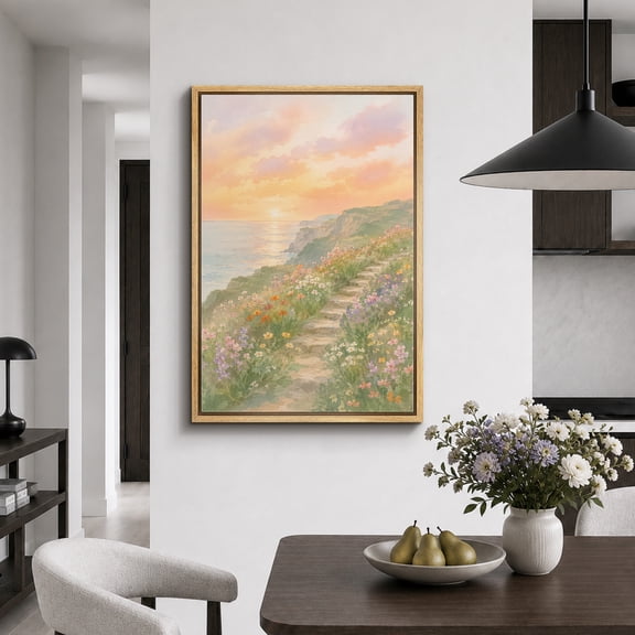 Framed Canvas Print Coastal Wildflower Path Wall Art Landscape Artwork Decoration for Living Room Bedroom - 16"x24" NATURAL Frame