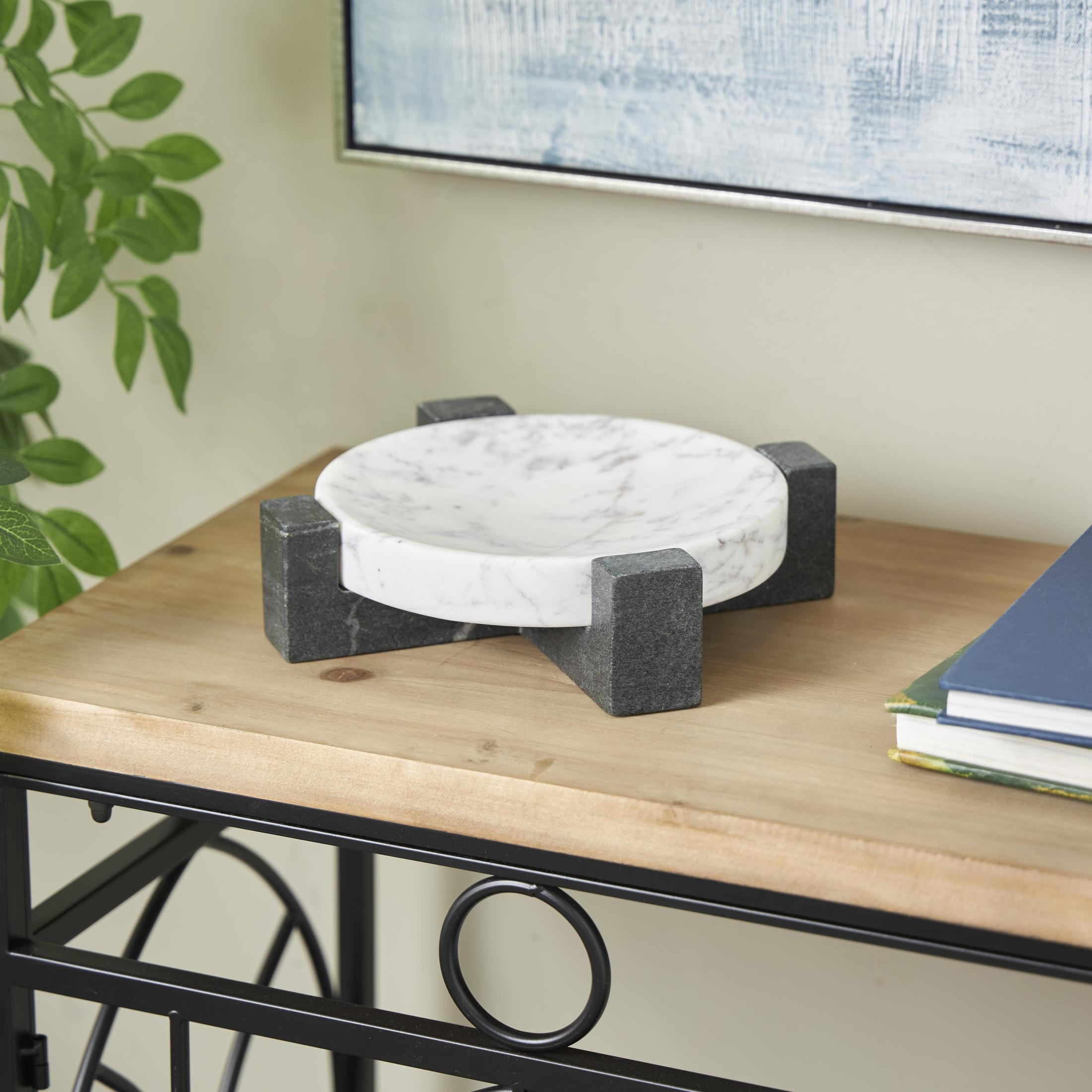 DecMode 8" x 8" White Marble Round Geometric Tray with Black X-Shaped Base, 1-Piece