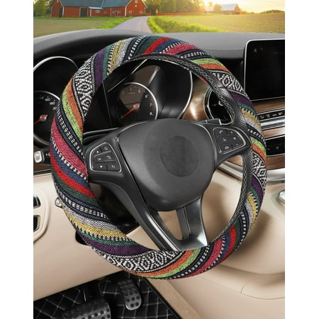 Boho Steering Wheel Cover with Baja Blanket Cloth, Ethnic Style Auto Wheel Cover Made of Coarse Flax, Fits 14 1/2-15 1/4 inches Car Wheel C