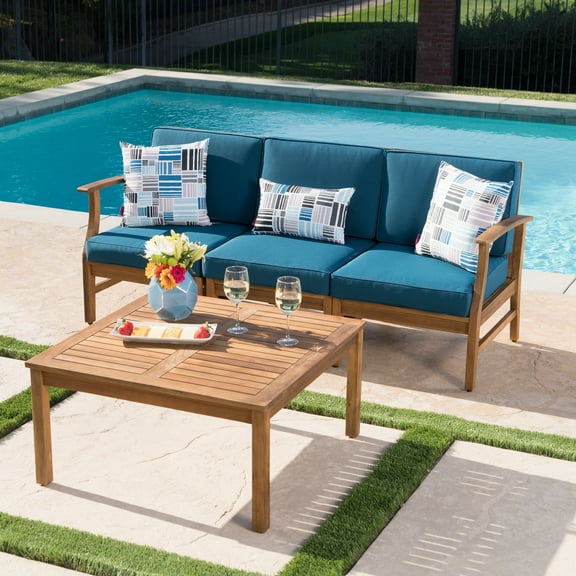 Bodhi Outdoor 3 Seater Acacia Wood Sofa and Table Set with Cushions, Teak, Blue