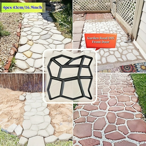 4pcs 16.9 x 16.9 inch Walk Maker, Path Mate Stone Moldings Paving Pavement Concrete Molds Stepping Stone Paver Walk Way Cement Mold for Patio, Lawn & Garden