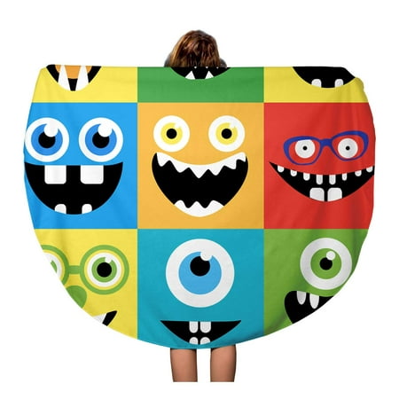 KDAGR 60 inch Round Beach Towel Blanket Colorful Cartoon Monster Faces Smiles Eyes Eyeglasses Cute Avatars Travel Circle Circular Towels Mat Tapestry Beach Throw