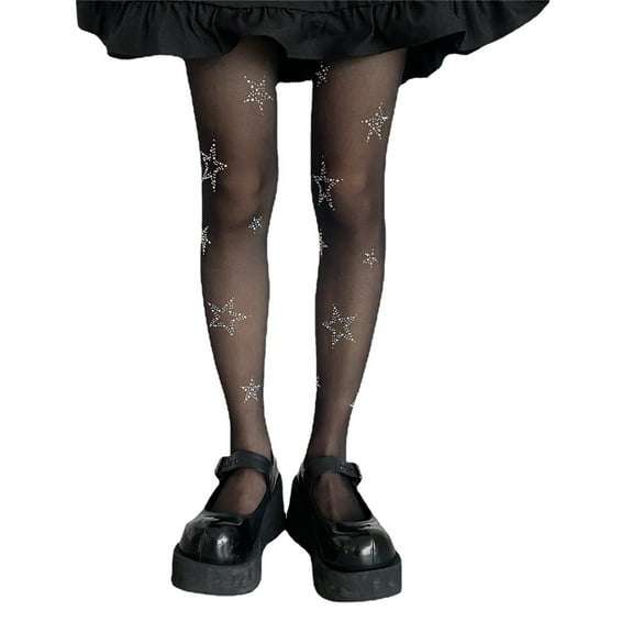 Jesscasday Women Gothic Punk Thin Transparent Pantyhose Harajuku Hot Drilling for Rhinestone Stars Sheer Tights Lolita Sweet Silky Stretchy Stockings Hosiery